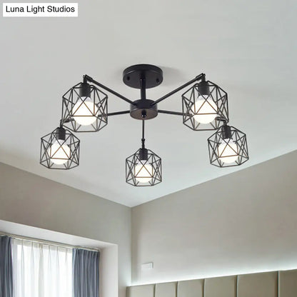DecorBites™ DecorBites™ Geometric Cage Semi Flush Ceiling Lamp - Industrial Retro Look for Living Room - 3/5 Bulbs Iron Light in Black