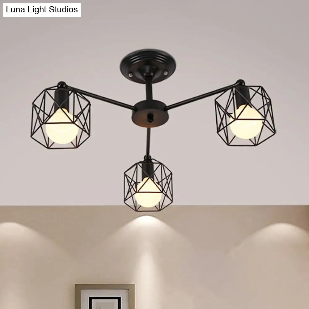 DecorBites™ DecorBites™ Geometric Cage Semi Flush Ceiling Lamp - Industrial Retro Look for Living Room - 3/5 Bulbs Iron Light in Black