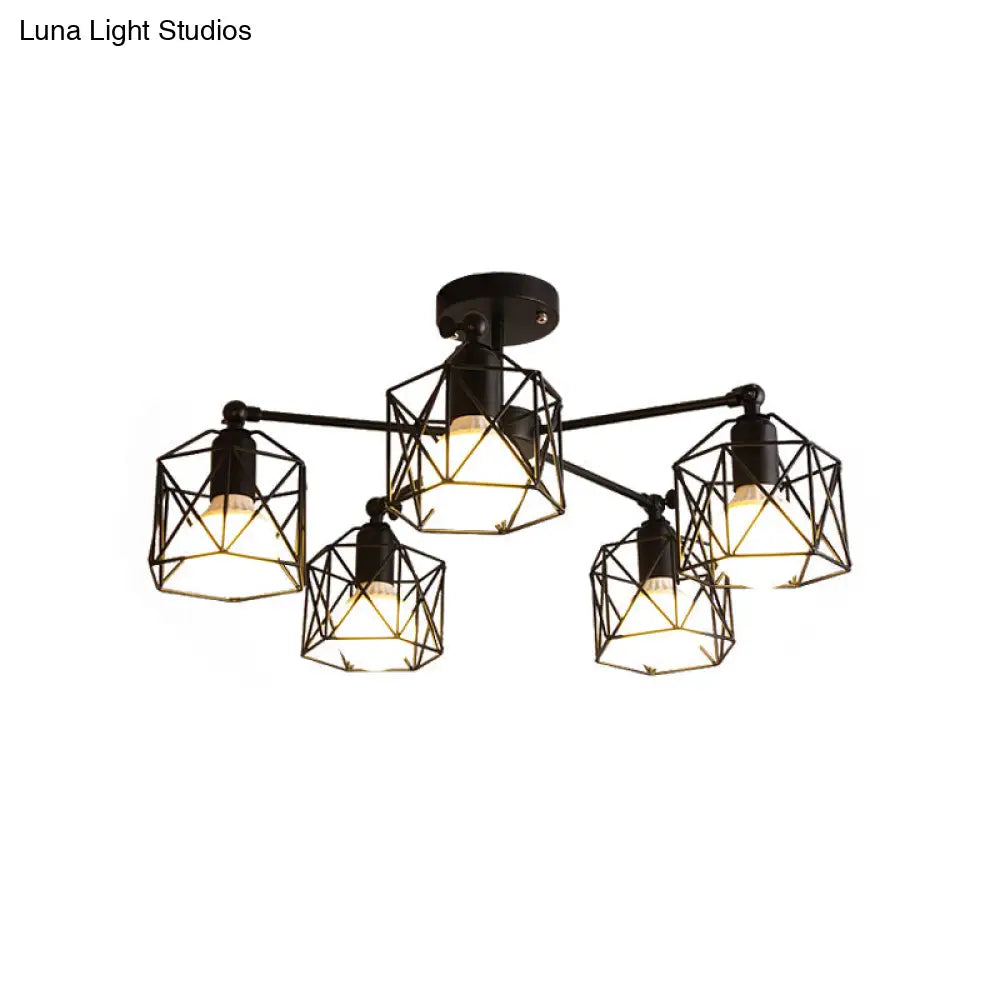 DecorBites™ DecorBites™ Geometric Cage Semi Flush Ceiling Lamp - Industrial Retro Look for Living Room - 3/5 Bulbs Iron Light in Black