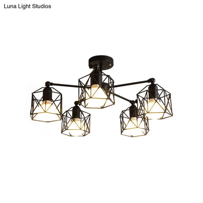 DecorBites™ DecorBites™ Geometric Cage Semi Flush Ceiling Lamp - Industrial Retro Look for Living Room - 3/5 Bulbs Iron Light in Black