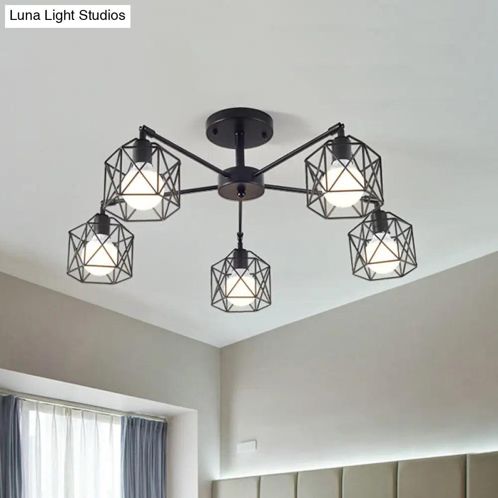 DecorBites™ DecorBites™ Geometric Cage Semi Flush Ceiling Lamp - Industrial Retro Look for Living Room - 3/5 Bulbs Iron Light in Black