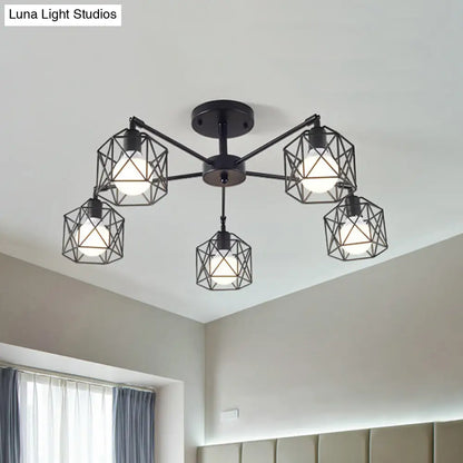 DecorBites™ DecorBites™ Geometric Cage Semi Flush Ceiling Lamp - Industrial Retro Look for Living Room - 3/5 Bulbs Iron Light in Black