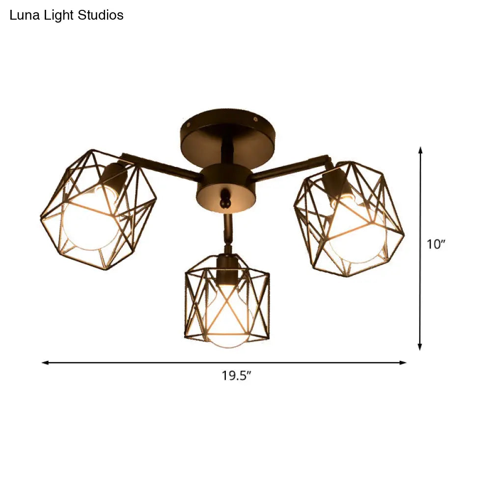 DecorBites™ DecorBites™ Geometric Cage Semi Flush Ceiling Lamp - Industrial Retro Look for Living Room - 3/5 Bulbs Iron Light in Black