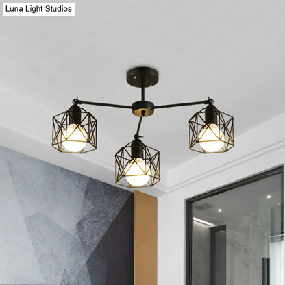 DecorBites™ DecorBites™ Geometric Cage Semi Flush Ceiling Lamp - Industrial Retro Look for Living Room - 3/5 Bulbs Iron Light in Black