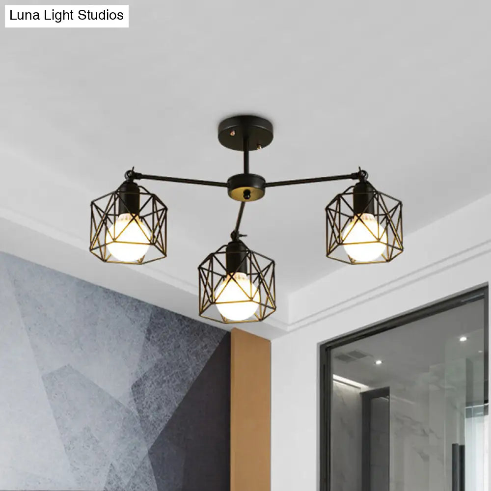 DecorBites™ DecorBites™ Geometric Cage Semi Flush Ceiling Lamp - Industrial Retro Look for Living Room - 3/5 Bulbs Iron Light in Black