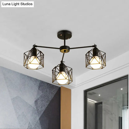 DecorBites™ DecorBites™ Geometric Cage Semi Flush Ceiling Lamp - Industrial Retro Look for Living Room - 3/5 Bulbs Iron Light in Black
