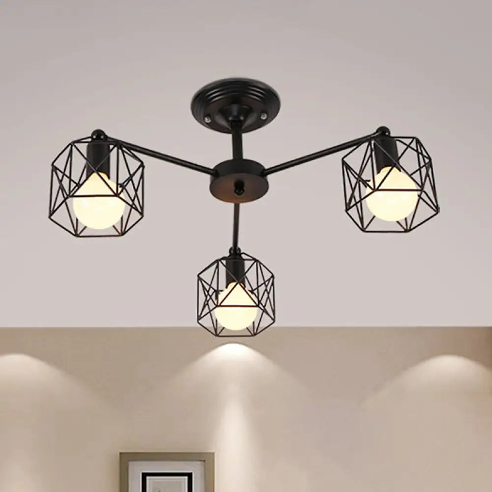 DecorBites™ DecorBites™ Geometric Cage Semi Flush Ceiling Lamp - Industrial Retro Look for Living Room - 3/5 Bulbs Iron Light in Black