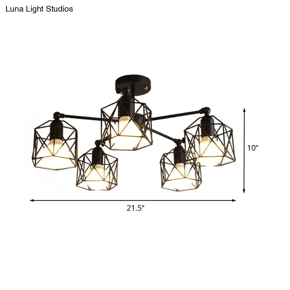 DecorBites™ DecorBites™ Geometric Cage Semi Flush Ceiling Lamp - Industrial Retro Look for Living Room - 3/5 Bulbs Iron Light in Black