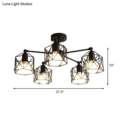 DecorBites™ DecorBites™ Geometric Cage Semi Flush Ceiling Lamp - Industrial Retro Look for Living Room - 3/5 Bulbs Iron Light in Black