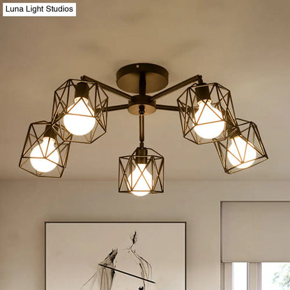 DecorBites™ DecorBites™ Geometric Cage Semi Flush Ceiling Lamp - Industrial Retro Look for Living Room - 3/5 Bulbs Iron Light in Black