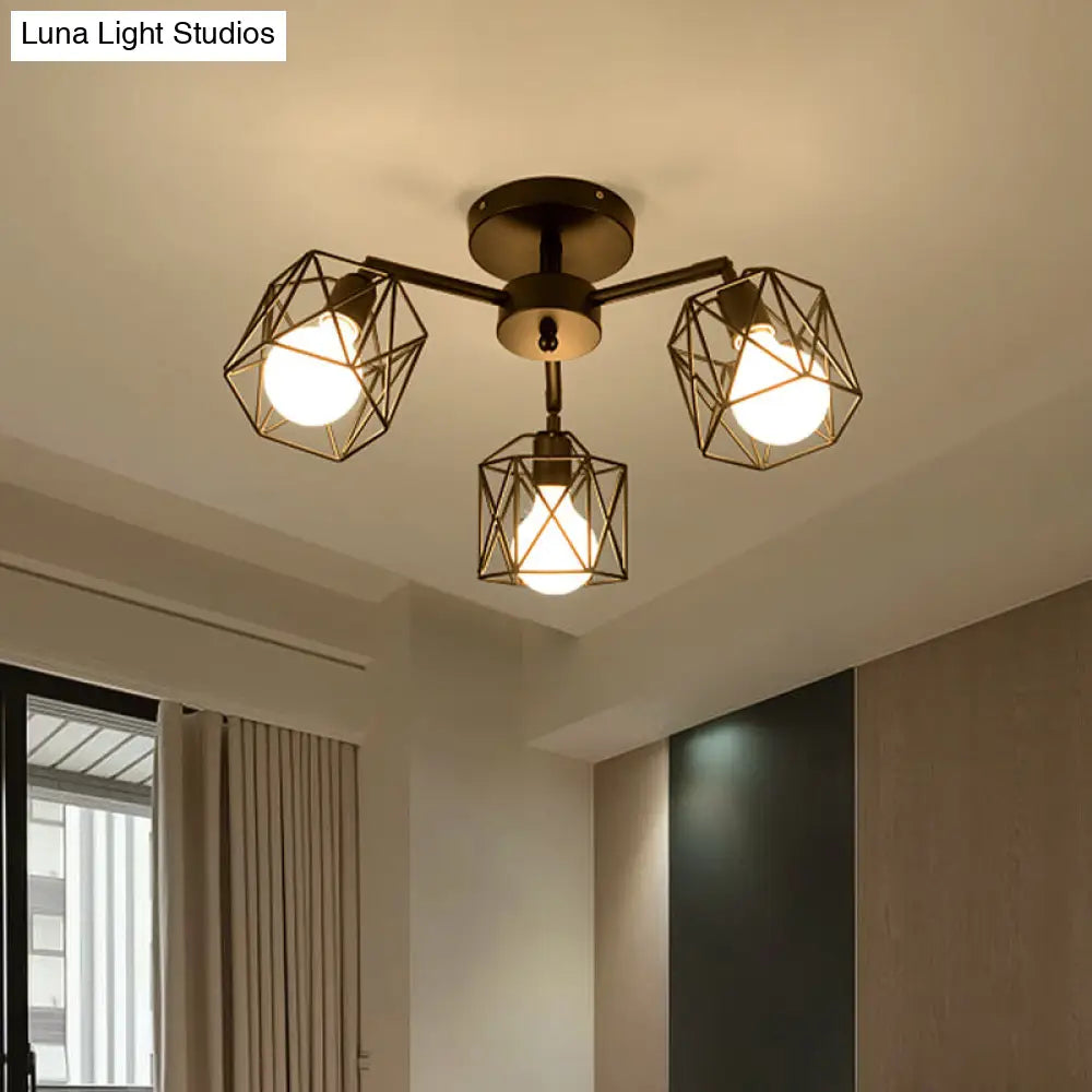 DecorBites™ DecorBites™ Geometric Cage Semi Flush Ceiling Lamp - Industrial Retro Look for Living Room - 3/5 Bulbs Iron Light in Black
