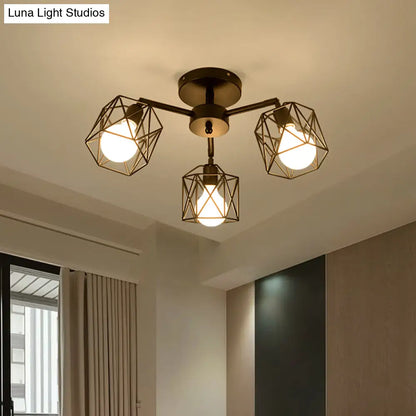 DecorBites™ DecorBites™ Geometric Cage Semi Flush Ceiling Lamp - Industrial Retro Look for Living Room - 3/5 Bulbs Iron Light in Black