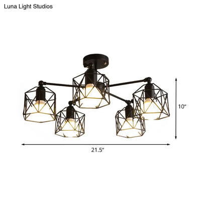 DecorBites™ DecorBites™ Geometric Cage Semi Flush Ceiling Lamp - Industrial Retro Look for Living Room - 3/5 Bulbs Iron Light in Black