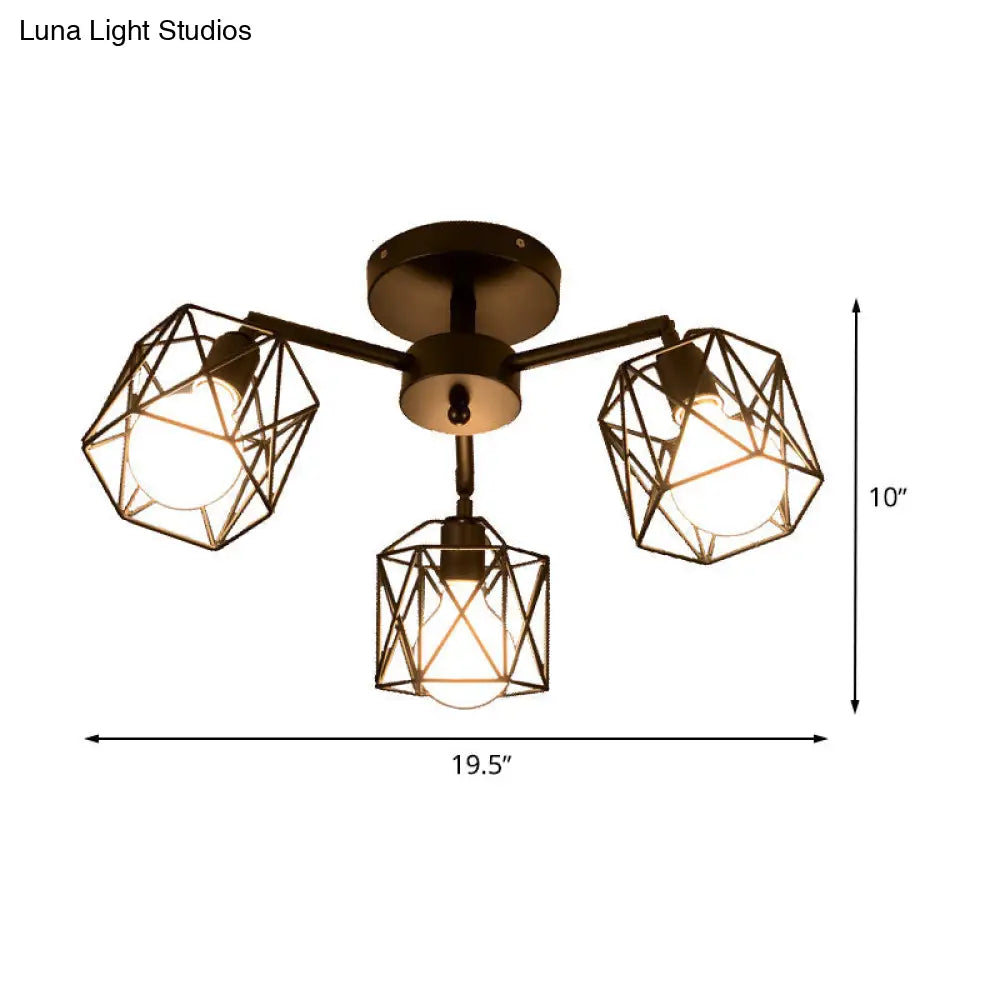 DecorBites™ DecorBites™ Geometric Cage Semi Flush Ceiling Lamp - Industrial Retro Look for Living Room - 3/5 Bulbs Iron Light in Black