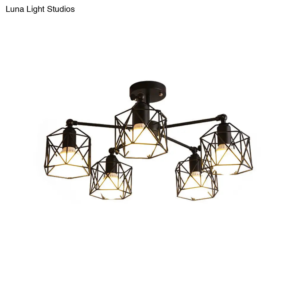 DecorBites™ DecorBites™ Geometric Cage Semi Flush Ceiling Lamp - Industrial Retro Look for Living Room - 3/5 Bulbs Iron Light in Black