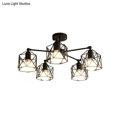 DecorBites™ DecorBites™ Geometric Cage Semi Flush Ceiling Lamp - Industrial Retro Look for Living Room - 3/5 Bulbs Iron Light in Black