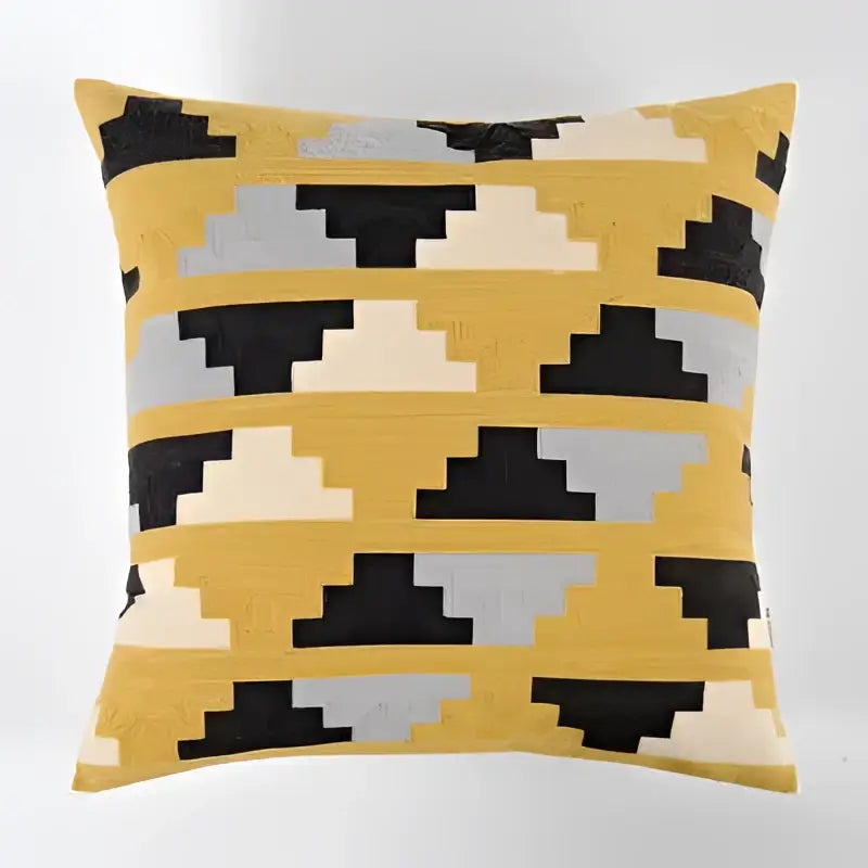 Yellow geometric canvas cotton cushion cover with black gray and cream triangular pattern for living room decorbites decor