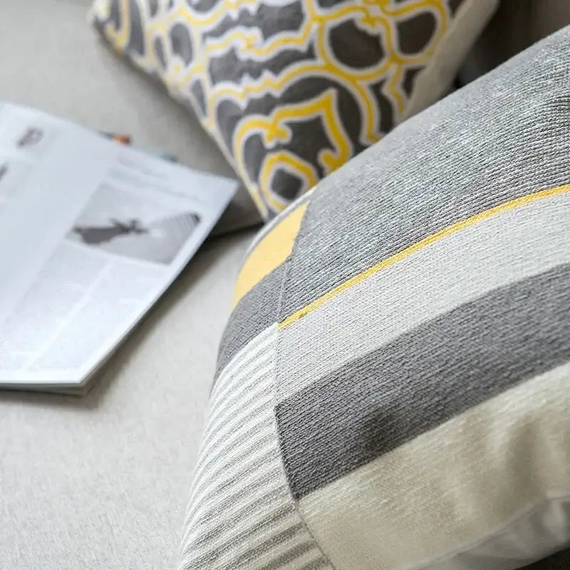 Cozy gray and yellow striped geometric canvas cotton cushion cover with textured fabric for living room decorbites decor