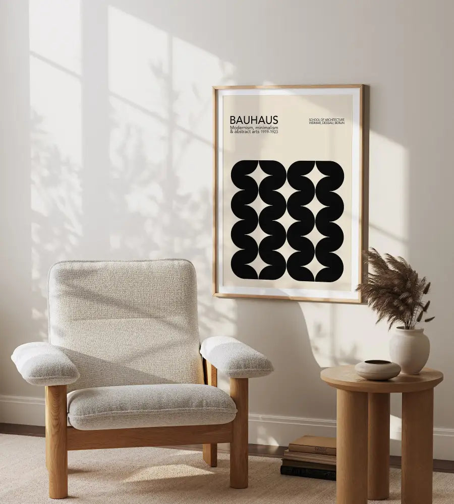 Beige upholstered armchair with wooden legs and arms complementing bauhaus geometric canvas prints for home decor