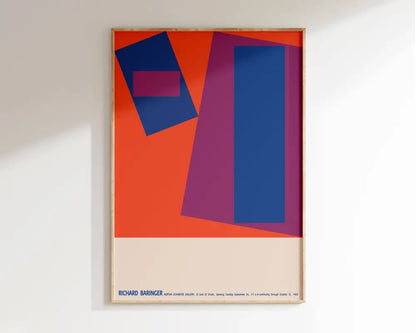 A framed decorbites™ bauhaus geometric canvas print featuring bold orange blue and magenta shapes on a cream border