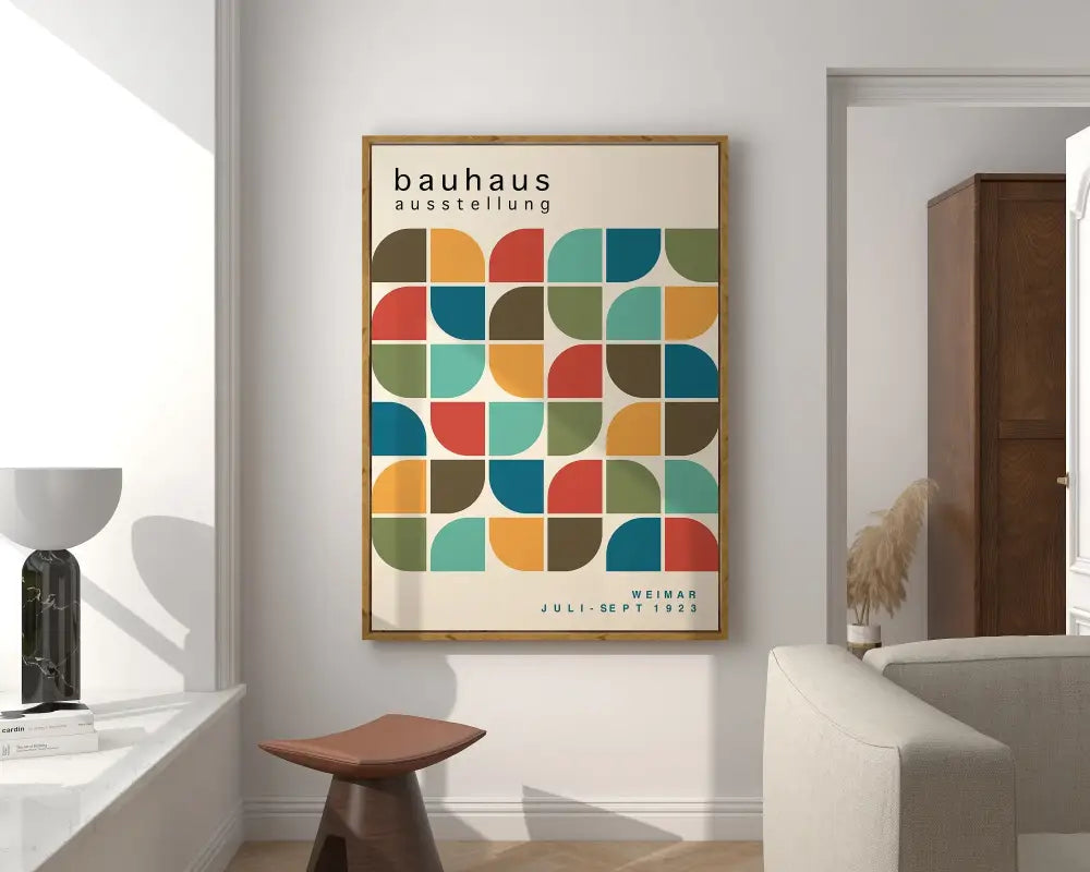 A framed bauhaus geometric canvas print featuring colorful semicircles for stylish home decor by decorbites