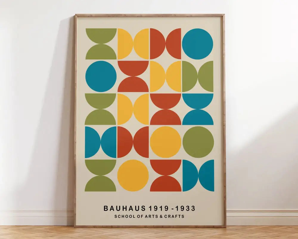 A framed bauhaus geometric canvas print with teal yellow and olive overlapping circles for home decor by decorbites
