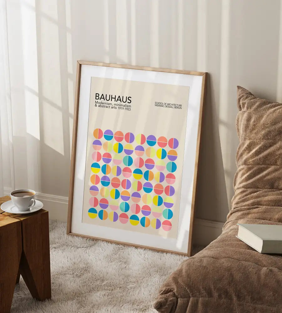 A framed DecorBites™ bauhaus geometric canvas print with pastel half-circle patterns on beige for home decor