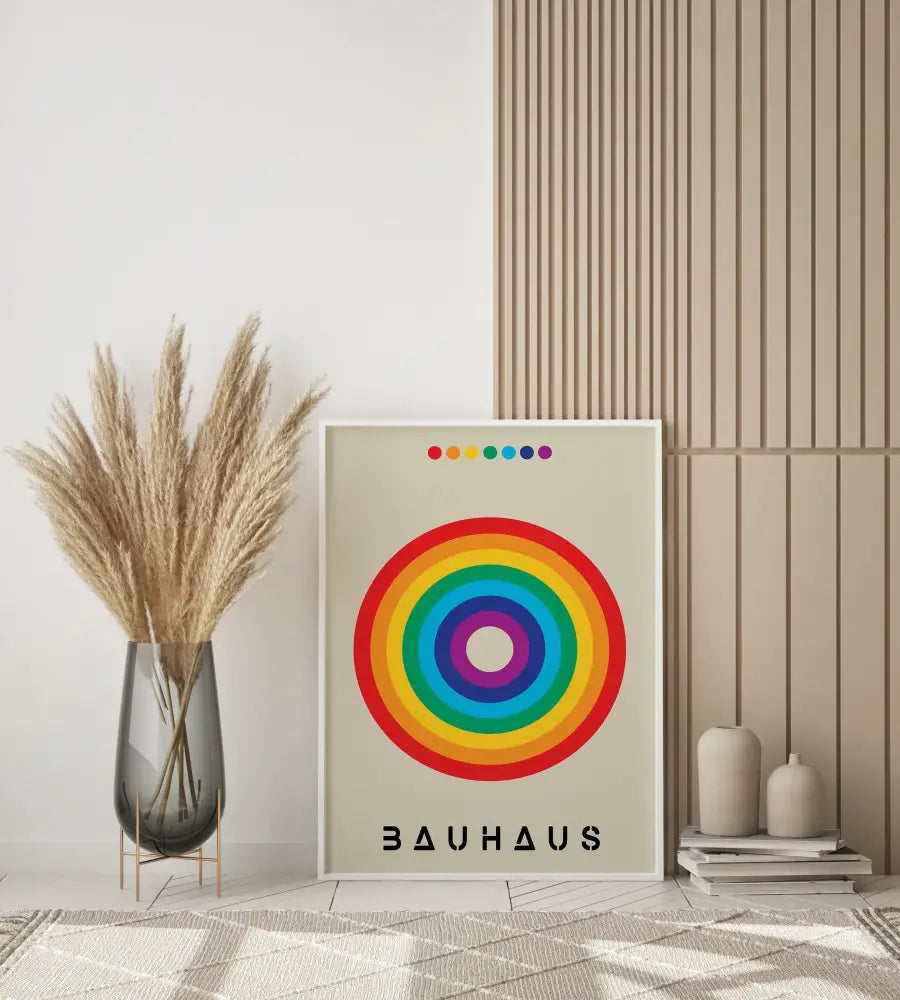 A framed bauhaus geometric canvas print with vibrant rainbow concentric circles for modern home decor