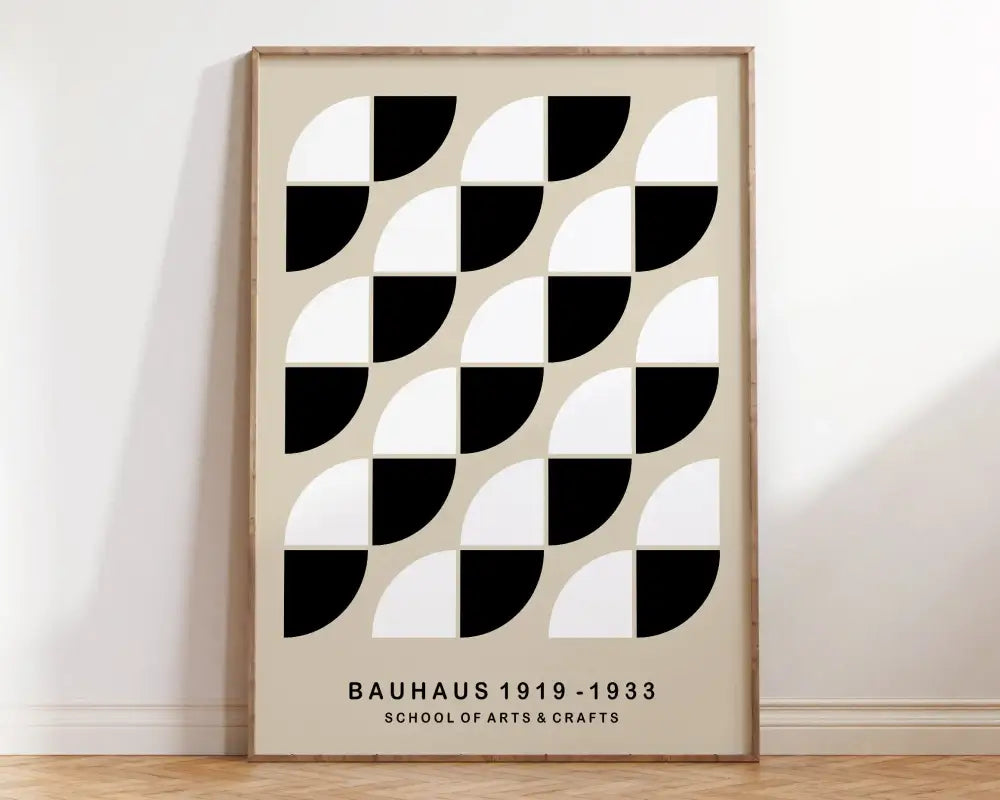 DecorBites™ bauhaus geometric canvas print features black and white semicircles on beige for modern home decor