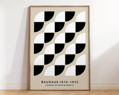 Decorbites™ bauhaus geometric canvas prints featuring black and white semicircle pattern on beige framed in light wood