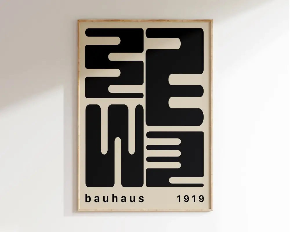 Decorbites bauhaus geometric canvas print with bold black typography in light wood frame for modern home decor