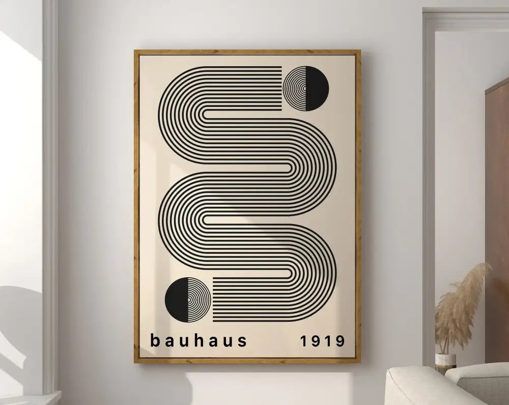 Minimalist bauhaus geometric canvas print in light wood frame with bold black lines for home decor