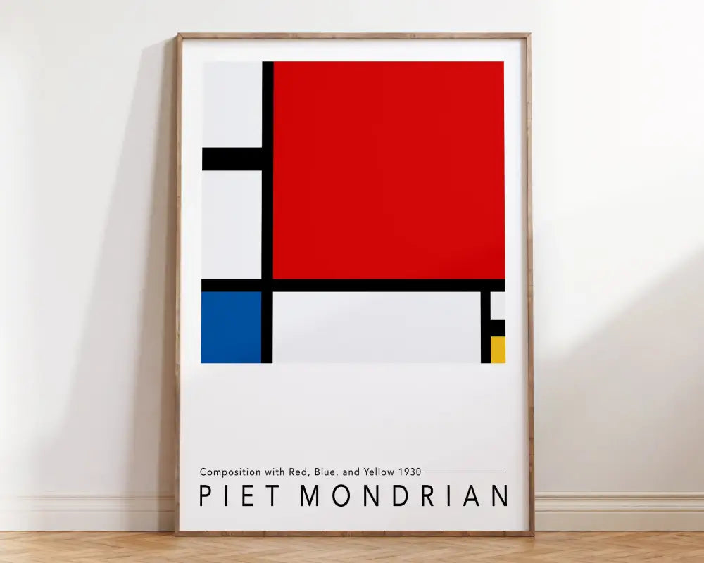 A minimalist framed bauhaus geometric canvas print featuring piet mondrians composition with red blue and yellow for home decor