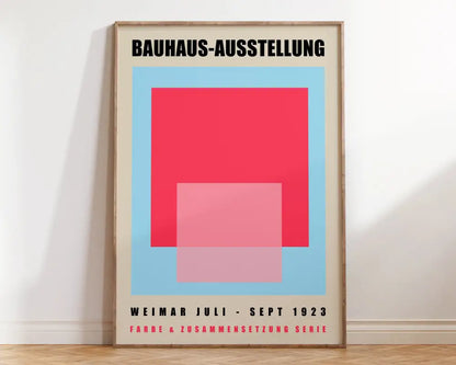 Minimalist decorbites bauhaus geometric canvas print with bold red and pink shapes and black text on light blue background