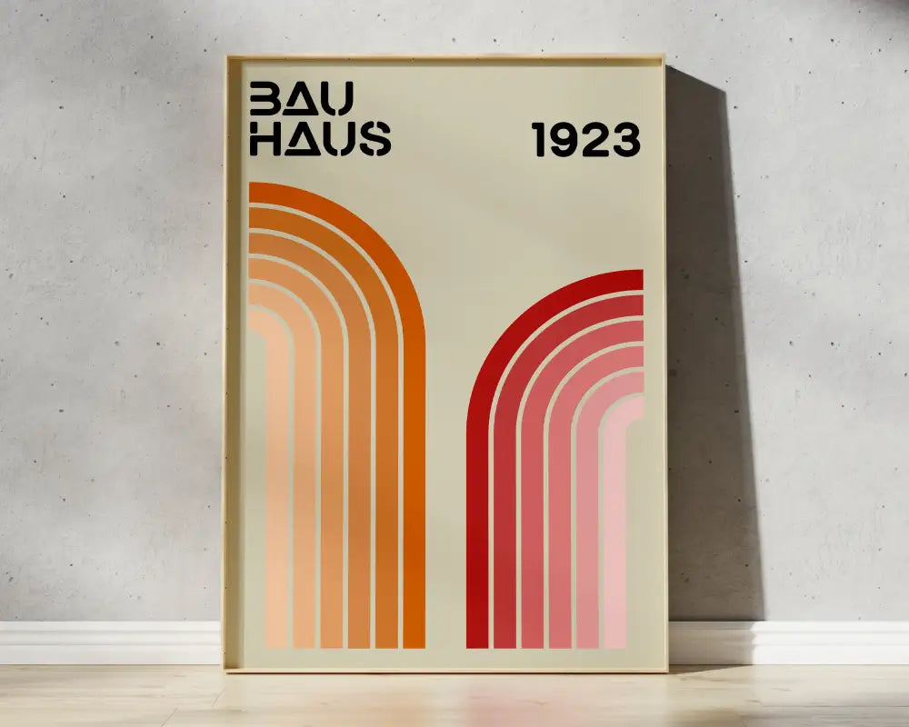 A minimalist bauhaus geometric canvas print featuring retro orange and red arches on cream for home decor