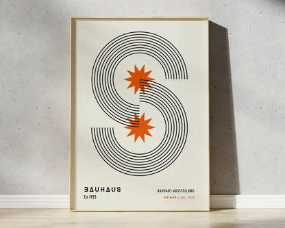 Minimalist DecorBites™ Bauhaus geometric canvas print featuring a bold black s with orange starburst accents for home decor