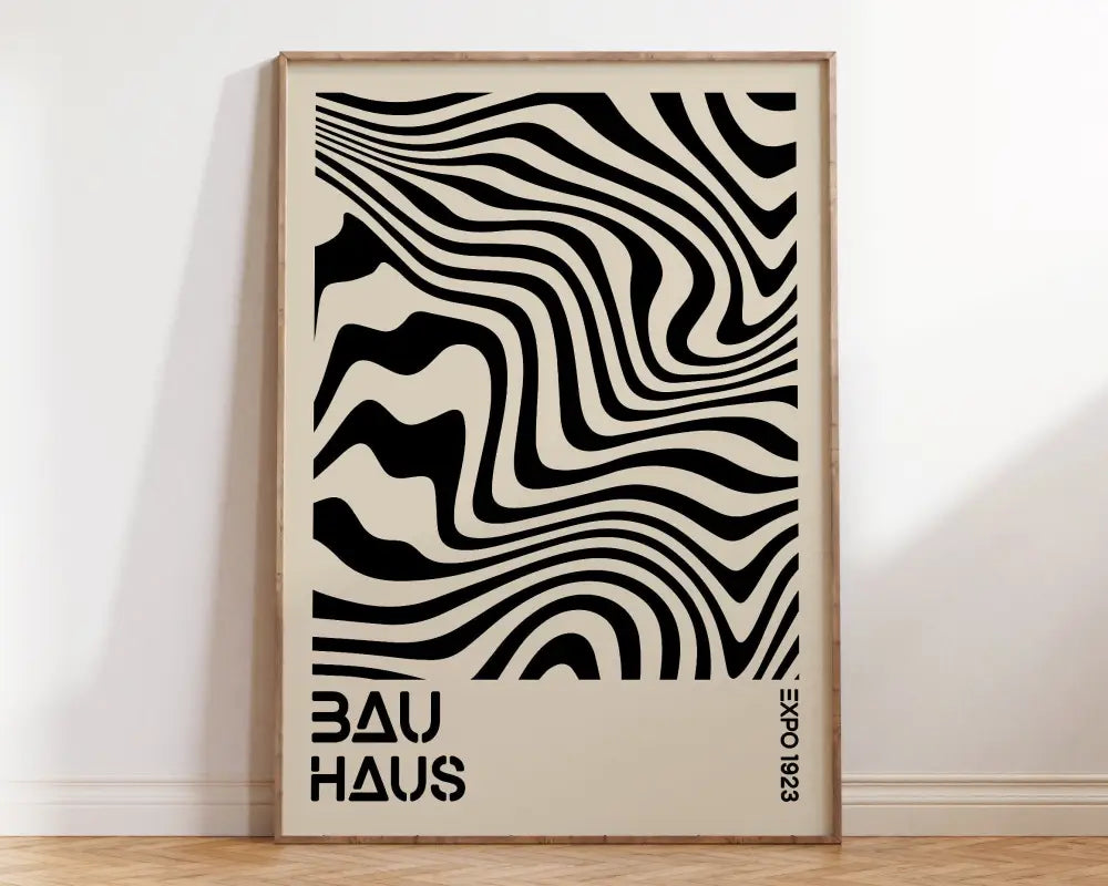 A minimalist cream and black bauhaus geometric canvas print with bold wavy stripes for modern home decor