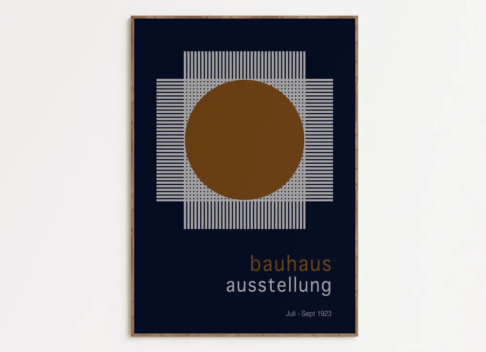 A bauhaus geometric canvas print featuring a bold brown circle on navy with white grid lines for home decor