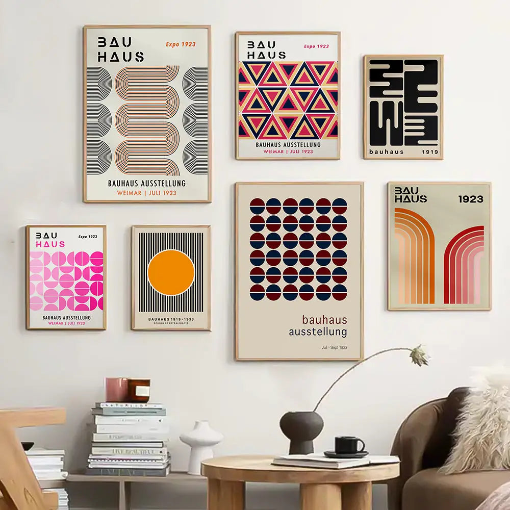 Set of six decorbites™ bauhaus geometric canvas prints featuring framed posters with bold colors and minimalist typography for home decor