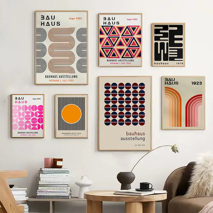 Set of six decorbites bauhaus geometric canvas prints featuring bold colors and minimalist typography on cream backgrounds