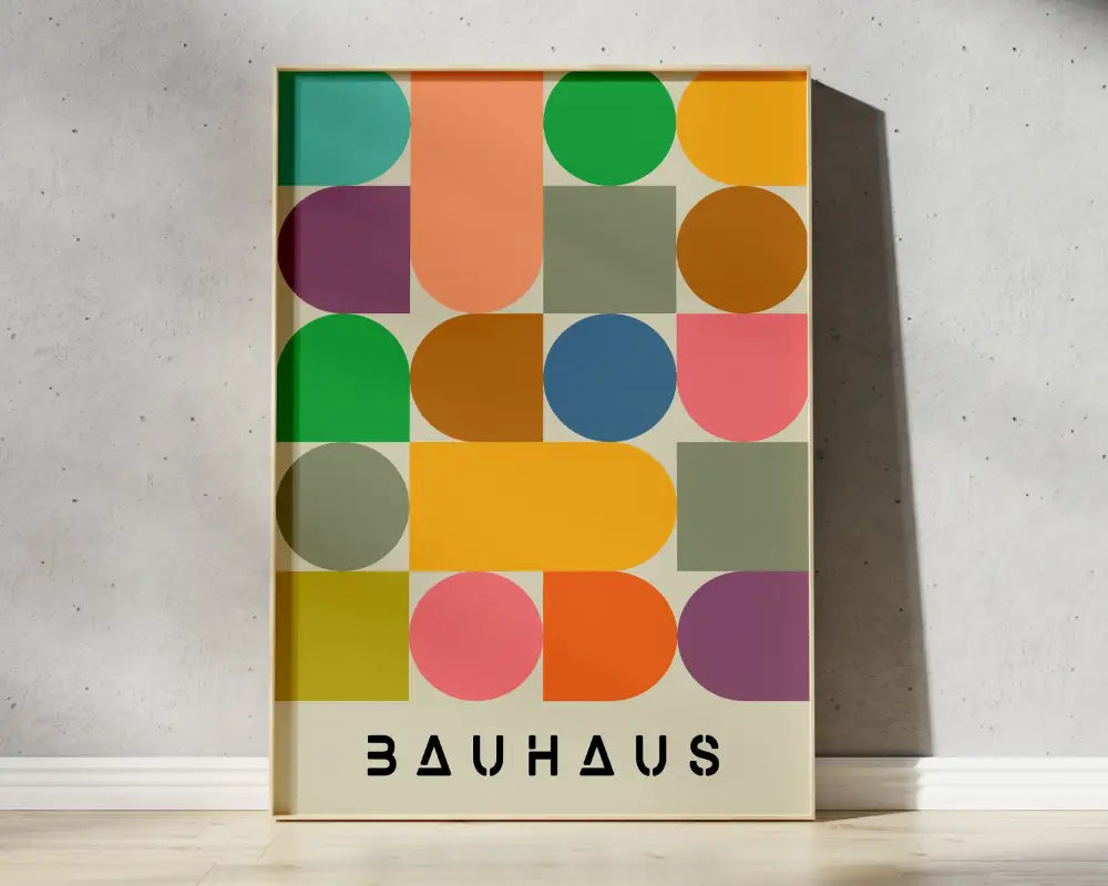A vibrant decorbites bauhaus geometric canvas print featuring colorful shapes for modern home decor use