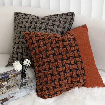 Warm terracotta and black woven-textured decorbites caramel color velvet cushion cover for living room throw pillow