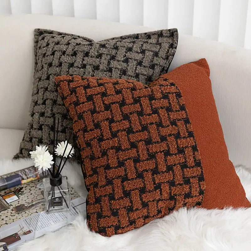 Warm terracotta and black woven-textured decorbites caramel color velvet cushion cover for living room throw pillow