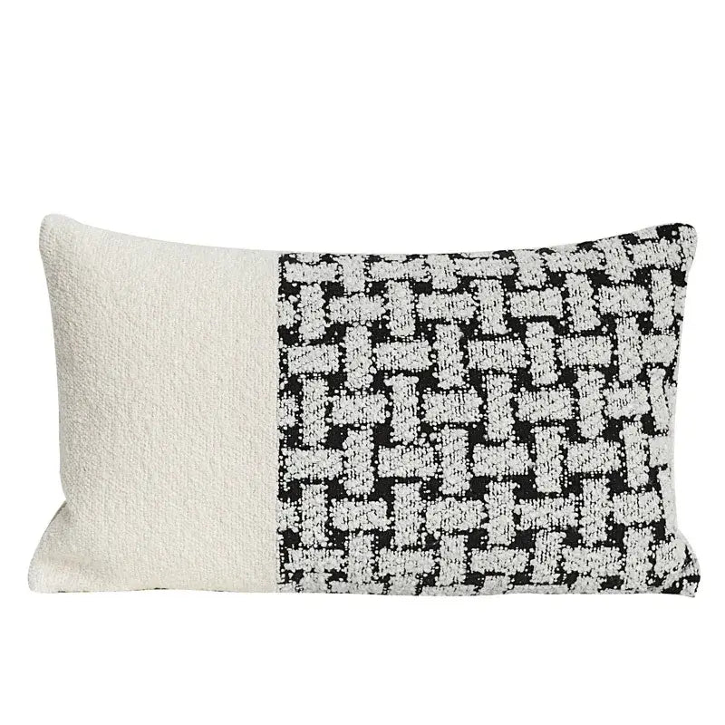 Rectangular decorbites caramel color velvet cushion cover with split off-white and black and white houndstooth design