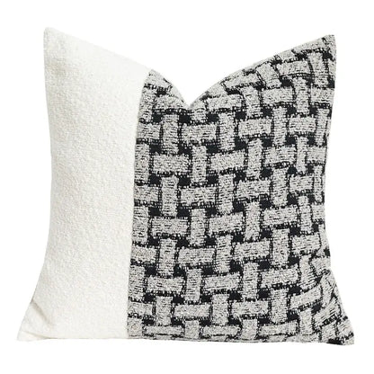 Geometric caramel color velvet cushion cover with bold black and white woven pattern and off-white textured fabric