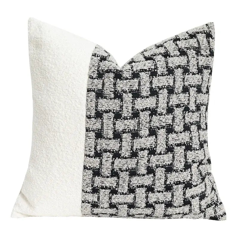 Geometric caramel color velvet cushion cover with bold black and white woven pattern and off-white textured fabric