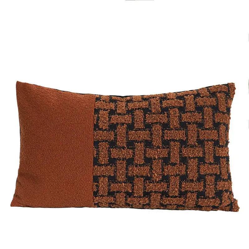 Rectangular geometric caramel color velvet cushion cover with rust textured fabric and black patterned decorbites design