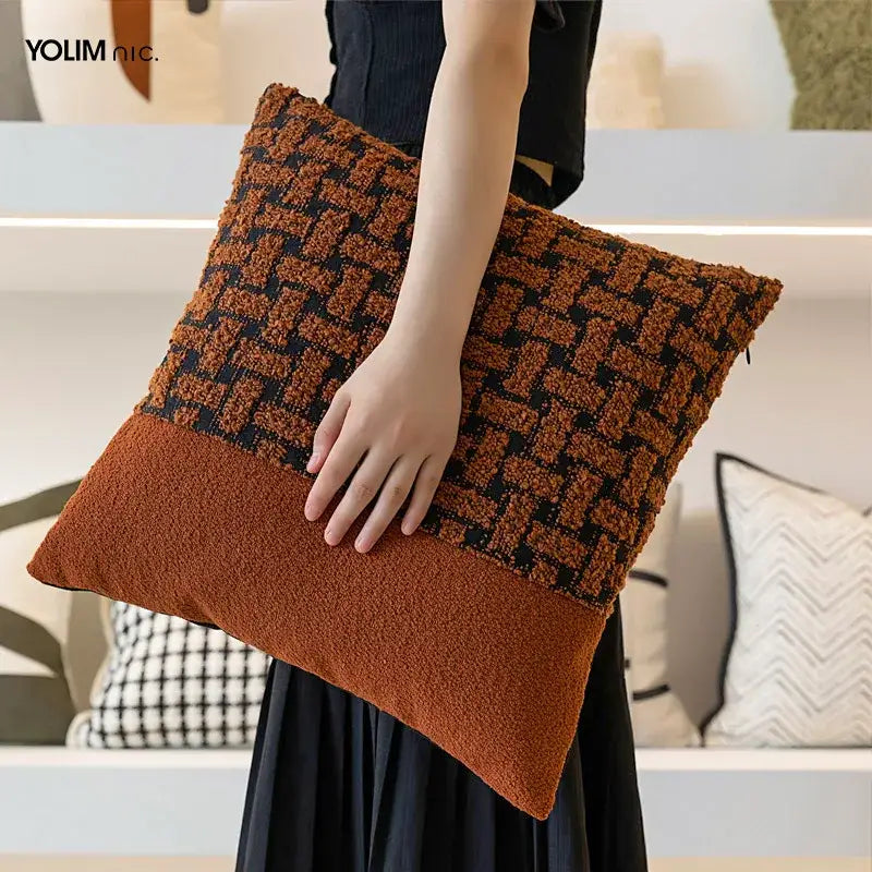 Brown and black woven textured throw pillow with plush fuzzy lower half caramel color velvet cushion cover decorbites