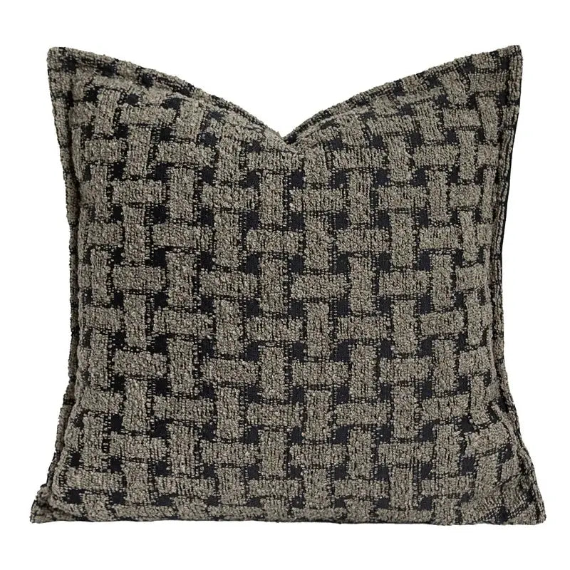 Square throw pillow with textured woven pattern in shades of gray and black complementing decorbites caramel color velvet cushion cover