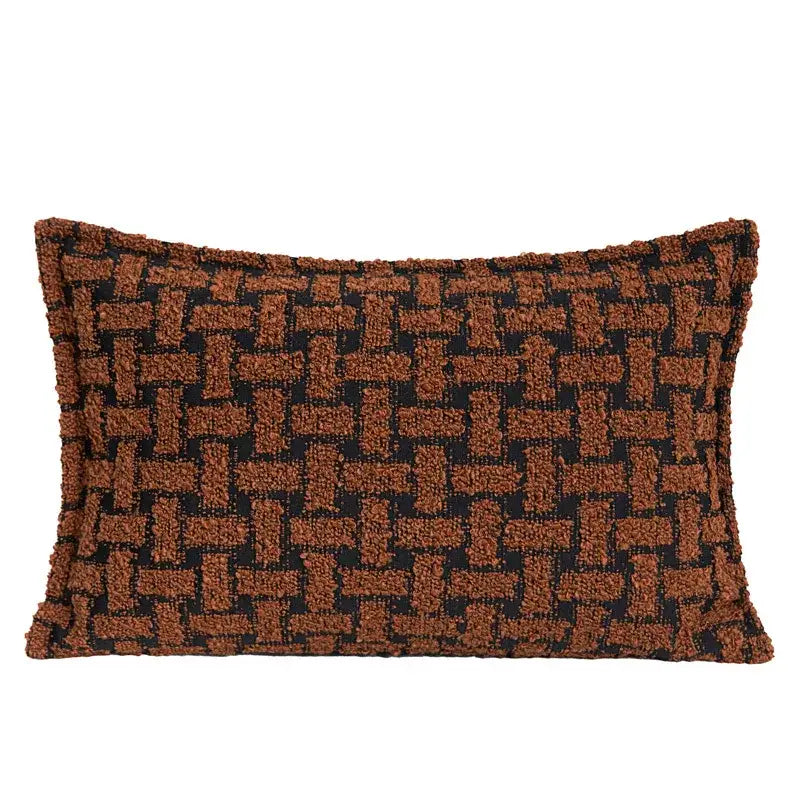 Rectangular cushion cover with textured woven pattern in rust and black tones for decorbites caramel color velvet decor
